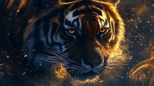 Tiger portrait in ember-lit darkness with intense golden gaze.