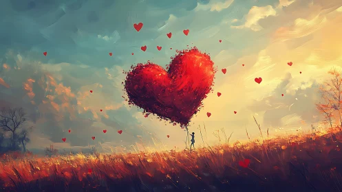Person Beneath Giant Heart Balloon in Golden Field.