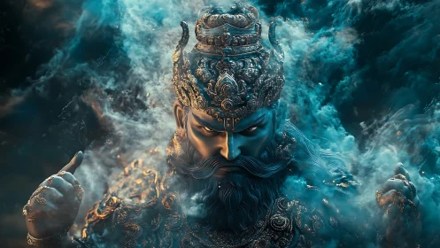 Digital painting of mythic warrior king in smoky chiaroscuro.