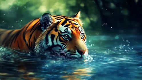 Silent stripes glide through sapphire jungle water twilight