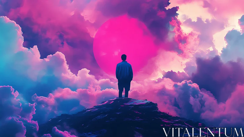 Solitary figure on neon cloud summit before radiant magenta sun