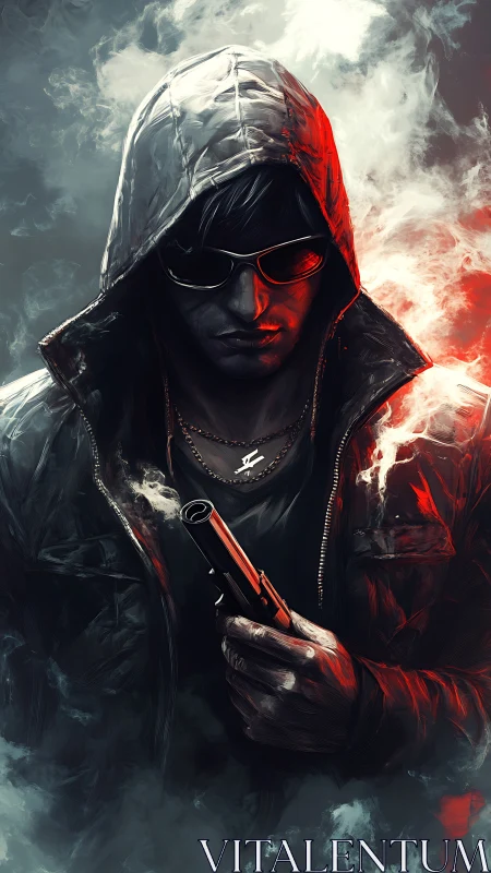 Hooded figure with handgun amid contrasting smoke plumes.