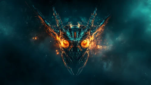 Symmetrical fiery mechanical skull form in cosmic void.