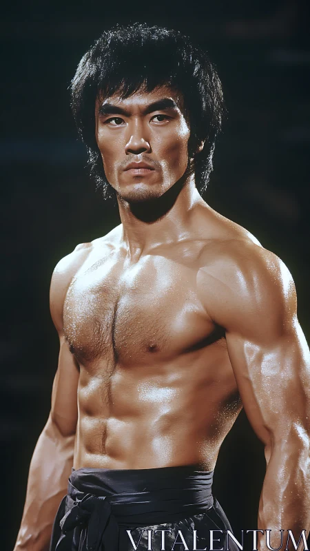 Muscular male subject stands shirtless under directional lighting