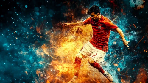 Explosive football striker amid swirling fire and ice energy.