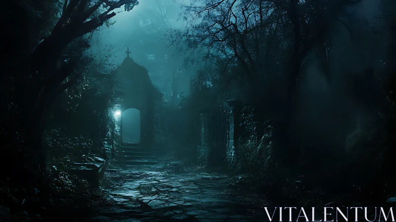 Moonlit stone mausoleum corridor renders cinematic horror atmosphere