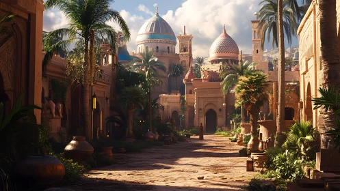 Sunlit desert palace avenue with domes and palm trees.