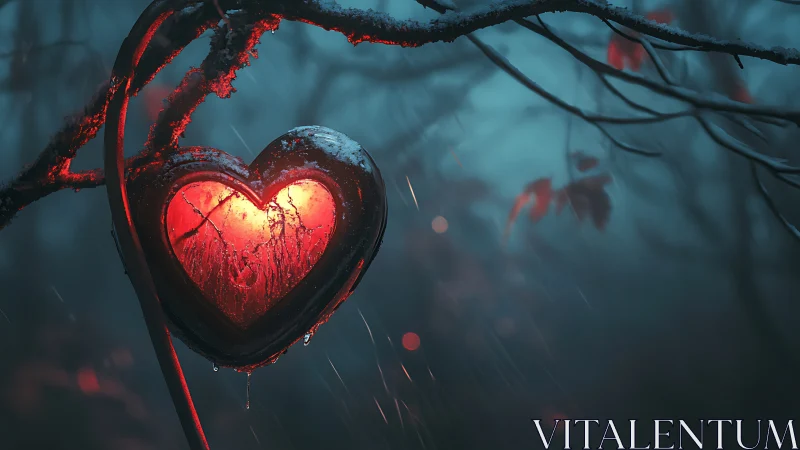 Glowing Heart Suspended on Frosted Branch in Twilight
