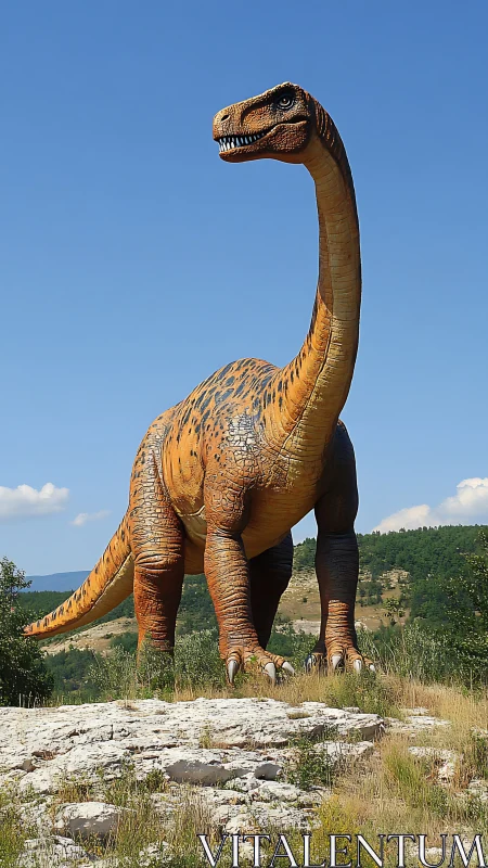 Life-sized sauropod dinosaur sculpture stands under clear sky