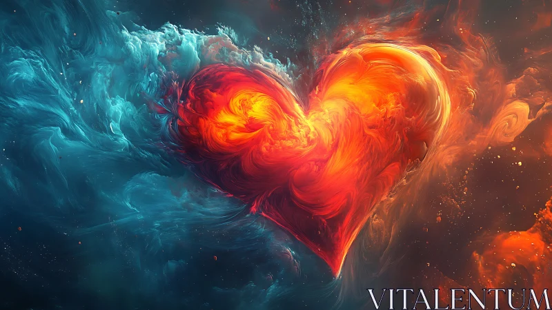 Luminous heart form with opposing red-orange and cyan fluid dynamics