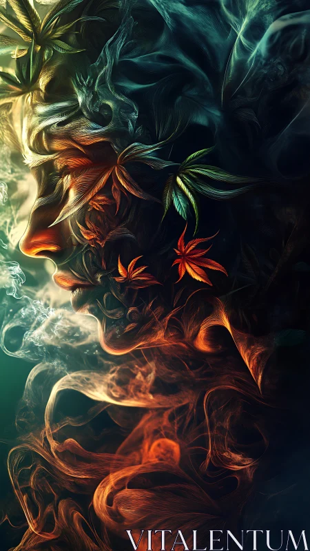 Digital painting portrait woven from botanical flame currents.