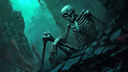 Ancient skeleton reclines in eerie teal-lit ruined crypt.