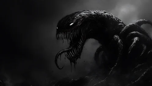 Shadowy tentacled creature with fanged maw in dark mist.