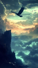 Storm-carved cliffs cradle an eagle over luminous clouds