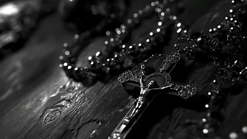 Glimmering rosary and crucifix resting in quiet shadows.
