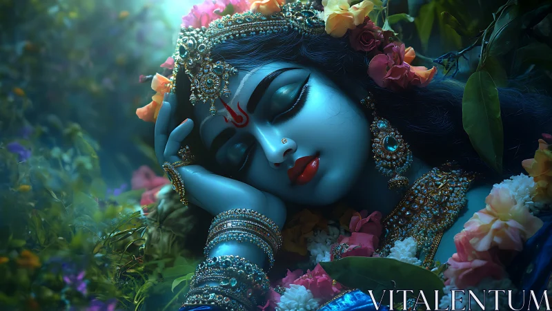 Divine blue-skinned goddess resting in lush floral garden.