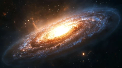 Spiraling golden galaxy radiates light against deep space