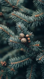 Soft spruce needles and tiny pine cones in quiet focus.