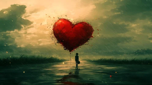 Silhouetted figure holding red heart form above water.