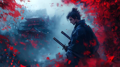 Solitary ronin with dual katanas amid crimson maple leaves.