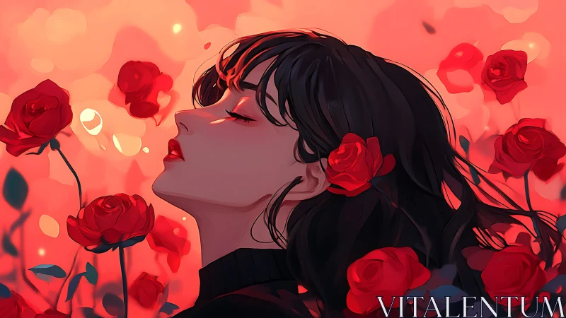 Young dreamer resting softly among glowing red roses.