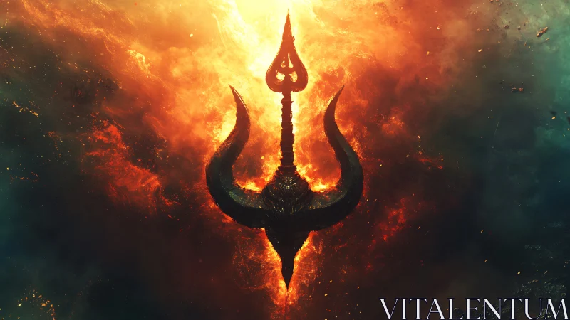 Fiery trident symbol floats in glowing cosmic inferno.