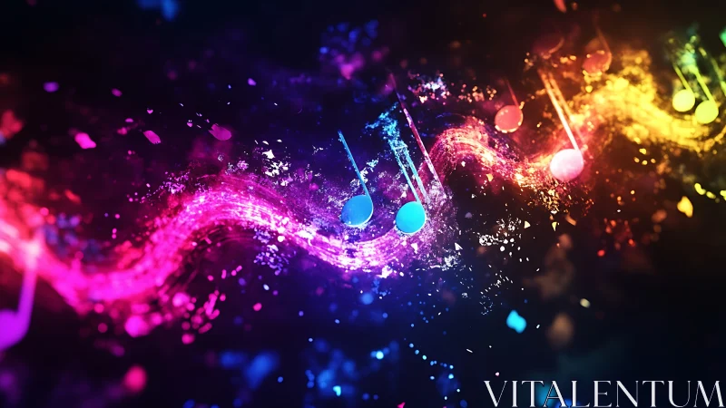 Vibrant neon music notes on glowing abstract sound wave.