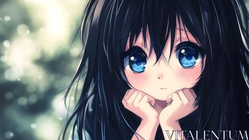 Wide-eyed anime girl rendered with high-gloss specular shading and bokeh
