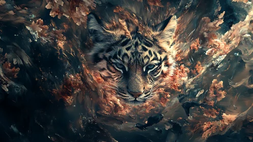 Majestic tiger emerges through swirling fiery clouds.