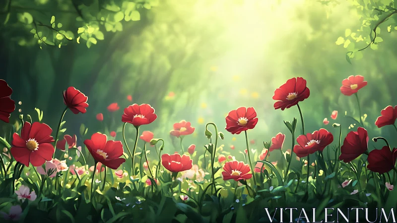 Red Poppies Dancing in Summer Sunlight Through Garden