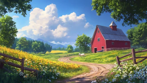 Sunlit country lane winding toward a peaceful red barn.