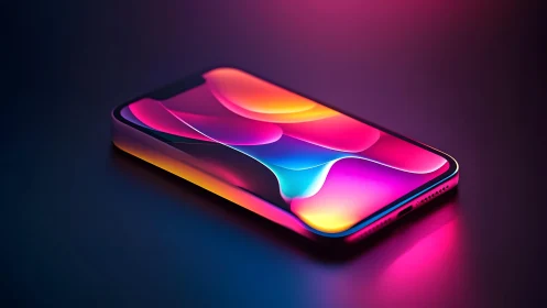 Modern smartphone with vibrant neon abstract wallpaper, digital art.