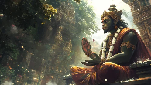 Monkey-faced deity meditates before weathered stone temple