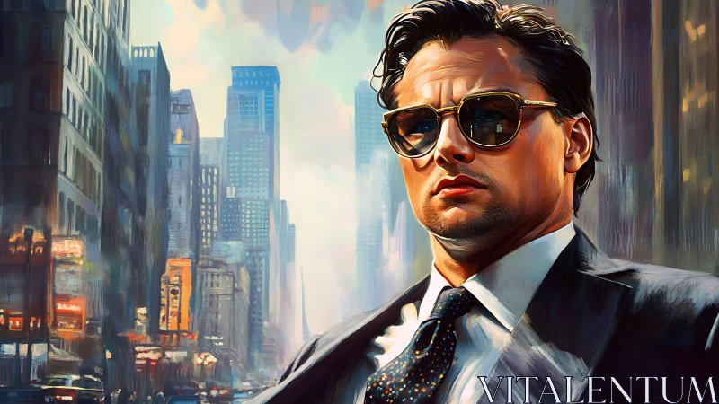 Urban titan in mirrored shades owns the painted cityscape.