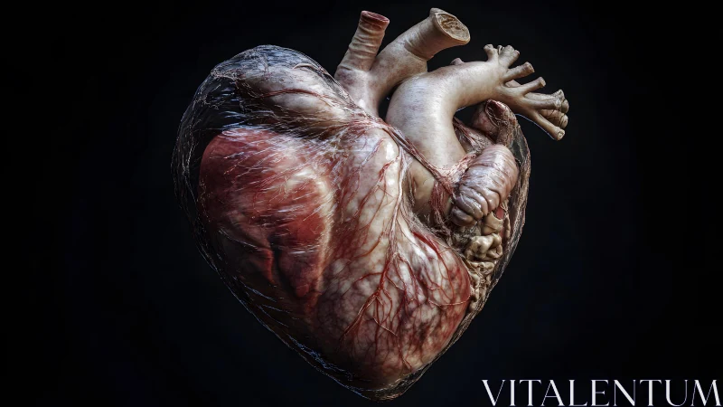 Hyper-realistic anatomical human heart against dark background.