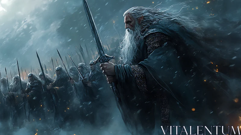 Weathered elven warlord leading his silent winter host.