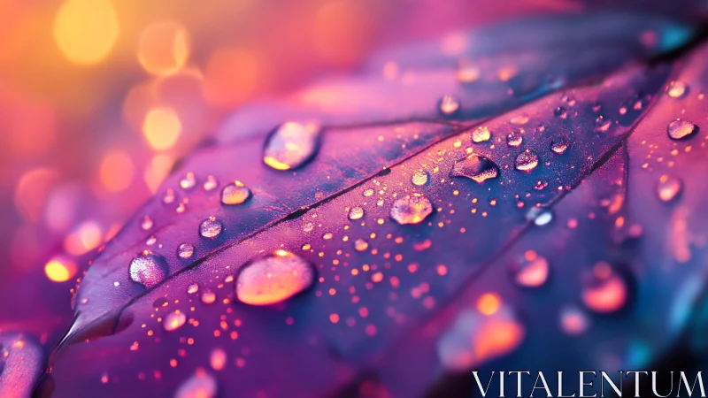 Iridescent leaf macro glows with colorful water droplets.