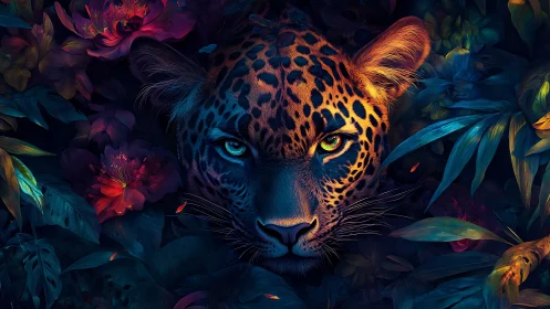 Leopard with Luminescent Eyes Among Neon Flowers.