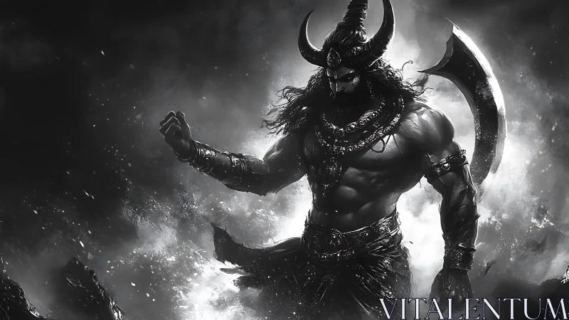 Horned armored warrior stands in monochrome storm environment