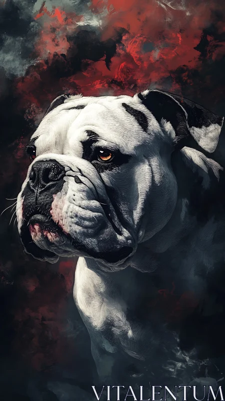 Stoic bulldog gazes ahead against a stormy crimson sky