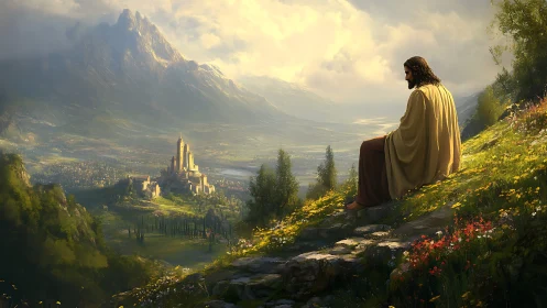 Solitary robed figure overlooks sunlit mountain kingdom