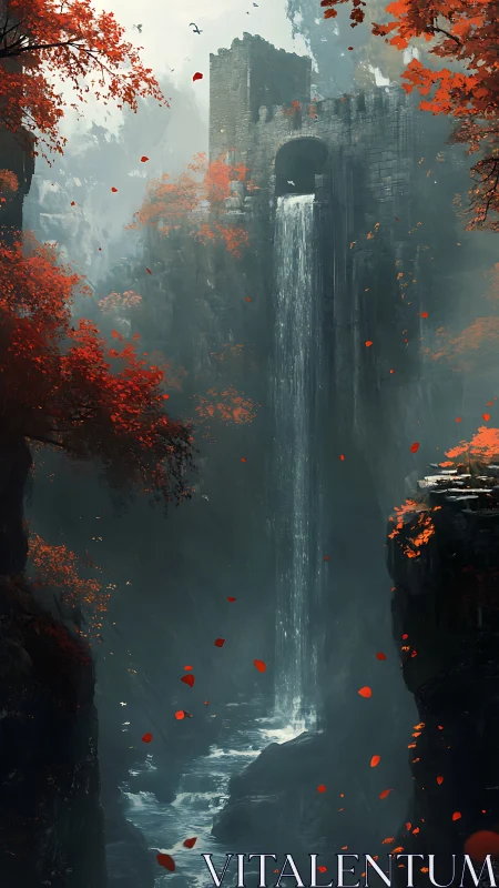 Ancient cliffside fortress channels a hidden waterfall cascade.