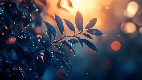 Backlit dew-covered leaves against glowing bokeh sunset.