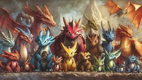 Colorful baby dragon family posing in a playful fantasy realm.