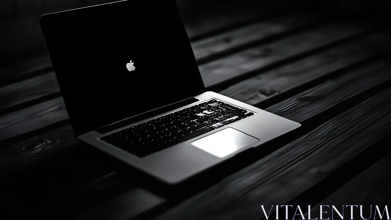 Open laptop on dark wooden surface under low-key lighting
