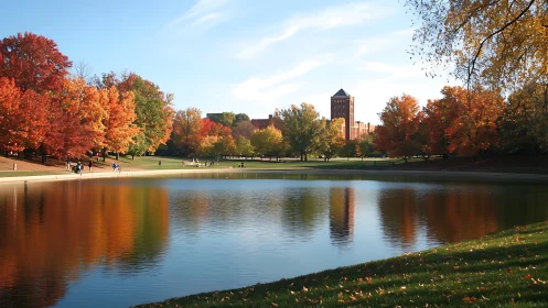 Autumn campus lake with vivid foliage and tower reflection.