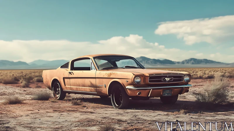 Vintage muscle car waits under vast desert sky in sunlit calm