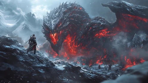 Warrior confronts lava-scaled dragon in glacial mountain pass