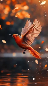 Scarlet songbird ascends through drifting autumn leaves.
