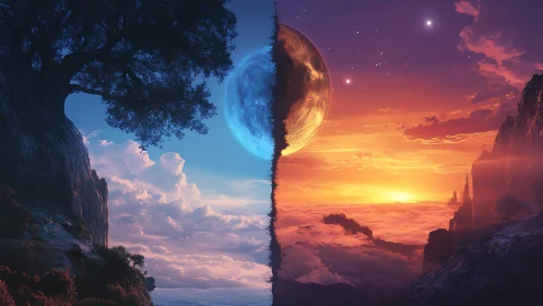Twin skies divide a surreal world of night and burning dawn